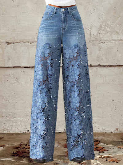 Jodi – Jean Femme à Dentelle et Patchwork, Taille Mi-Haute à Boutons