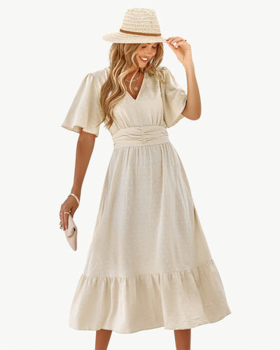 Renée – Robe mi-longue à col en V et manches courtes – Légère et élégante