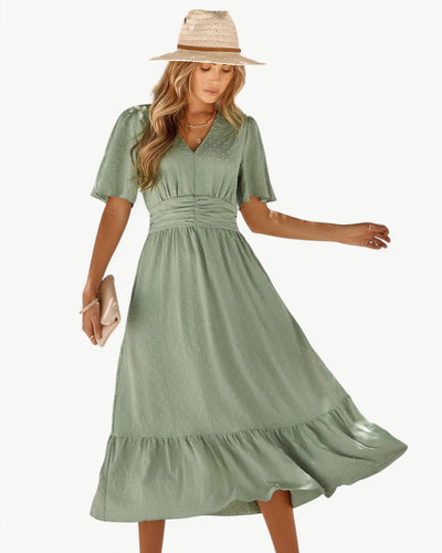 Renée – Robe mi-longue à col en V et manches courtes – Légère et élégante