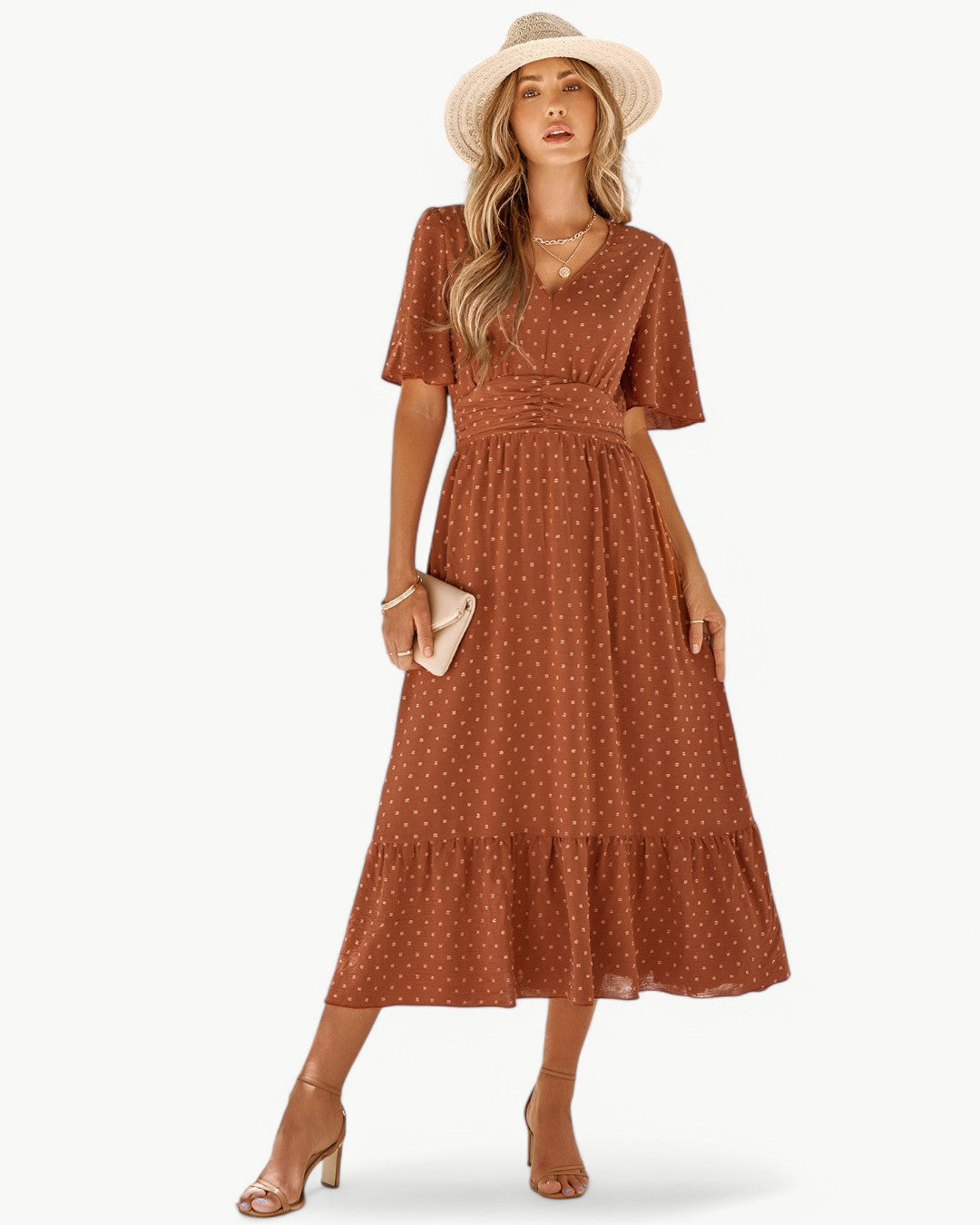 Renée – Robe mi-longue à col en V et manches courtes – Légère et élégante