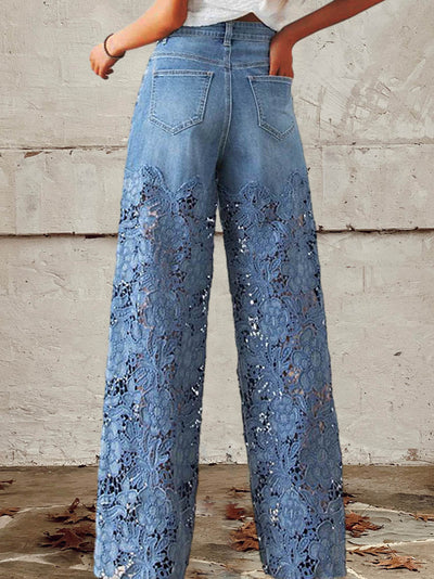 Jodi – Jean Femme à Dentelle et Patchwork, Taille Mi-Haute à Boutons