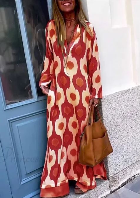 Madison – Robe Bohème à Imprimé Géométrique, Décolleté en V et Fente Automnale