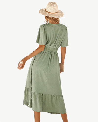 Renée – Robe mi-longue à col en V et manches courtes – Légère et élégante