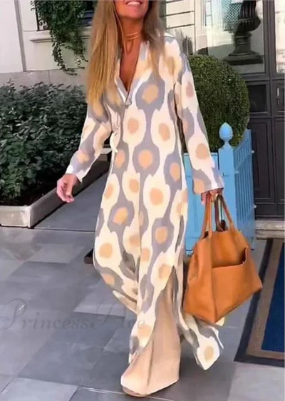 Madison – Robe Bohème à Imprimé Géométrique, Décolleté en V et Fente Automnale