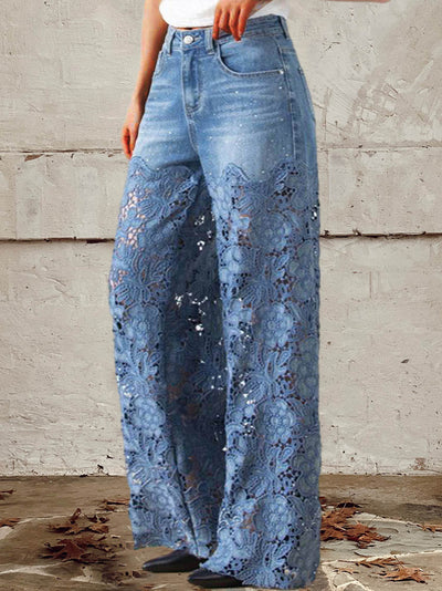 Jodi – Jean Femme à Dentelle et Patchwork, Taille Mi-Haute à Boutons