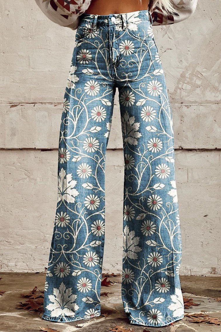 Elena – Pantalon Large à Fleurs, Élégant et Moderne