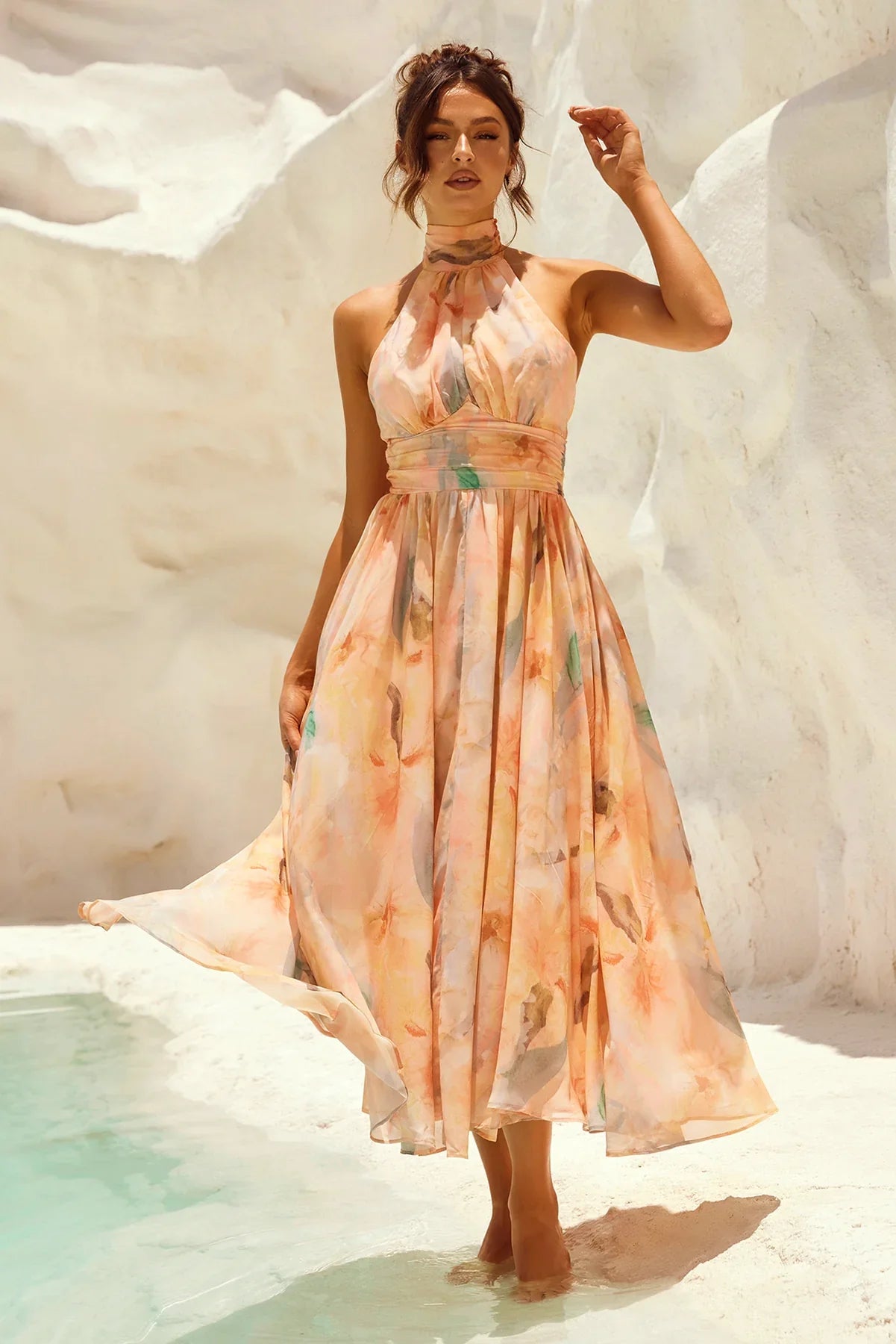 Livia - Robe dos nu à col licou imprimé aquarelle