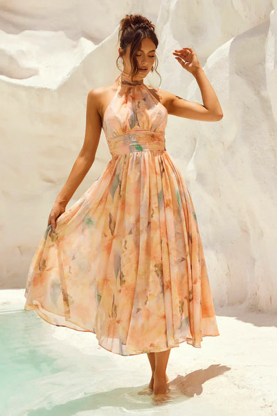 Livia - Robe dos nu à col licou imprimé aquarelle