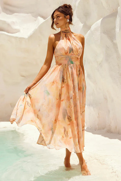 Livia - Robe dos nu à col licou imprimé aquarelle