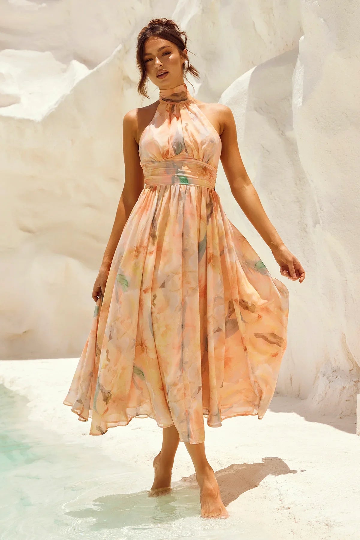 Livia - Robe dos nu à col licou imprimé aquarelle