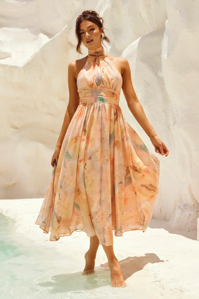 Livia - Robe dos nu à col licou imprimé aquarelle