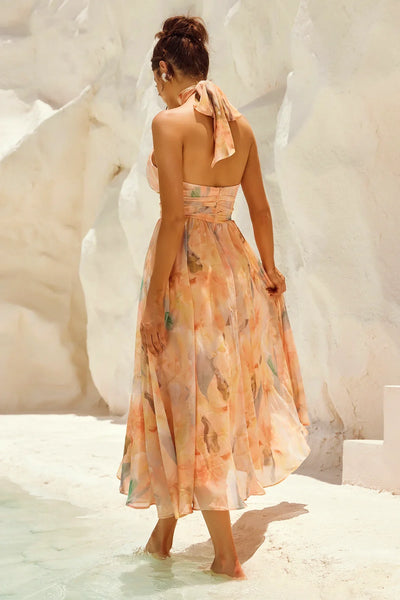 Livia - Robe dos nu à col licou imprimé aquarelle