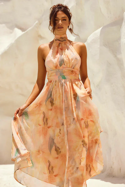 Livia - Robe dos nu à col licou imprimé aquarelle