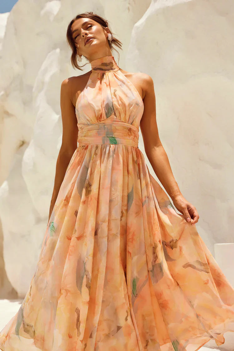 Livia - Robe dos nu à col licou imprimé aquarelle