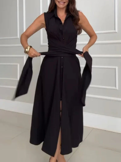 Eve - Robe chemise longue sans manches à taille ceinturée