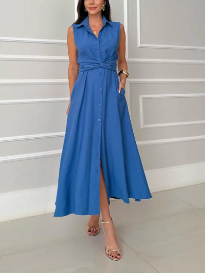 Eve - Robe chemise longue sans manches à taille ceinturée