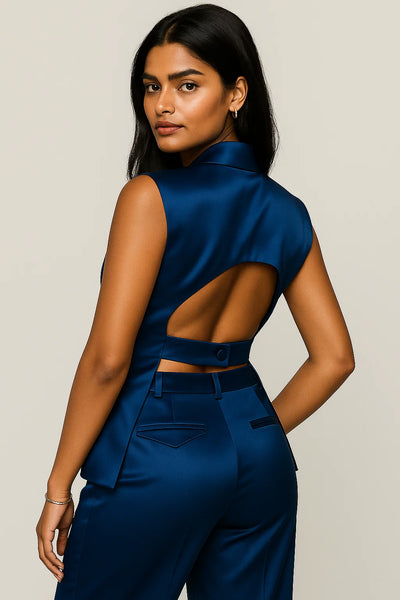 Céleste - Ensemble en satin blazer sans manches et pantalon droit