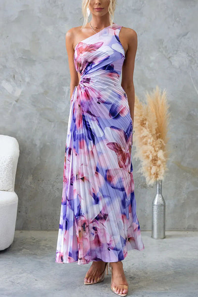 Deja – Robe maxi plissée une épaule à motif floral