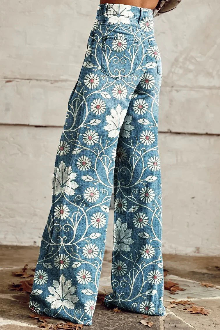 Elena – Pantalon Large à Fleurs, Élégant et Moderne