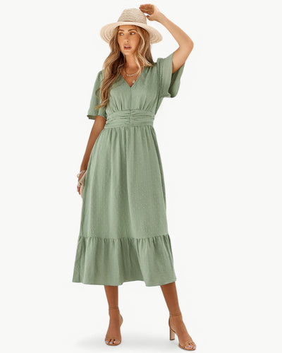 Renée – Robe mi-longue à col en V et manches courtes – Légère et élégante