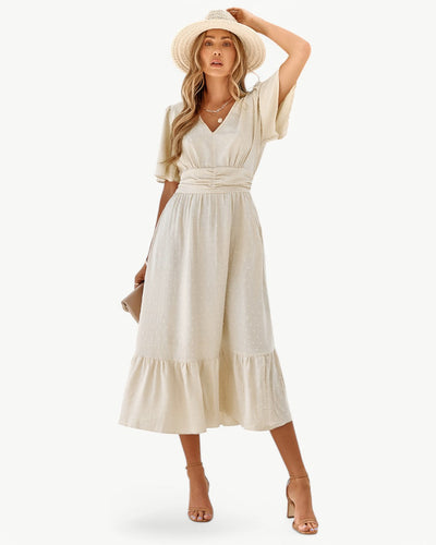 Renée – Robe mi-longue à col en V et manches courtes – Légère et élégante