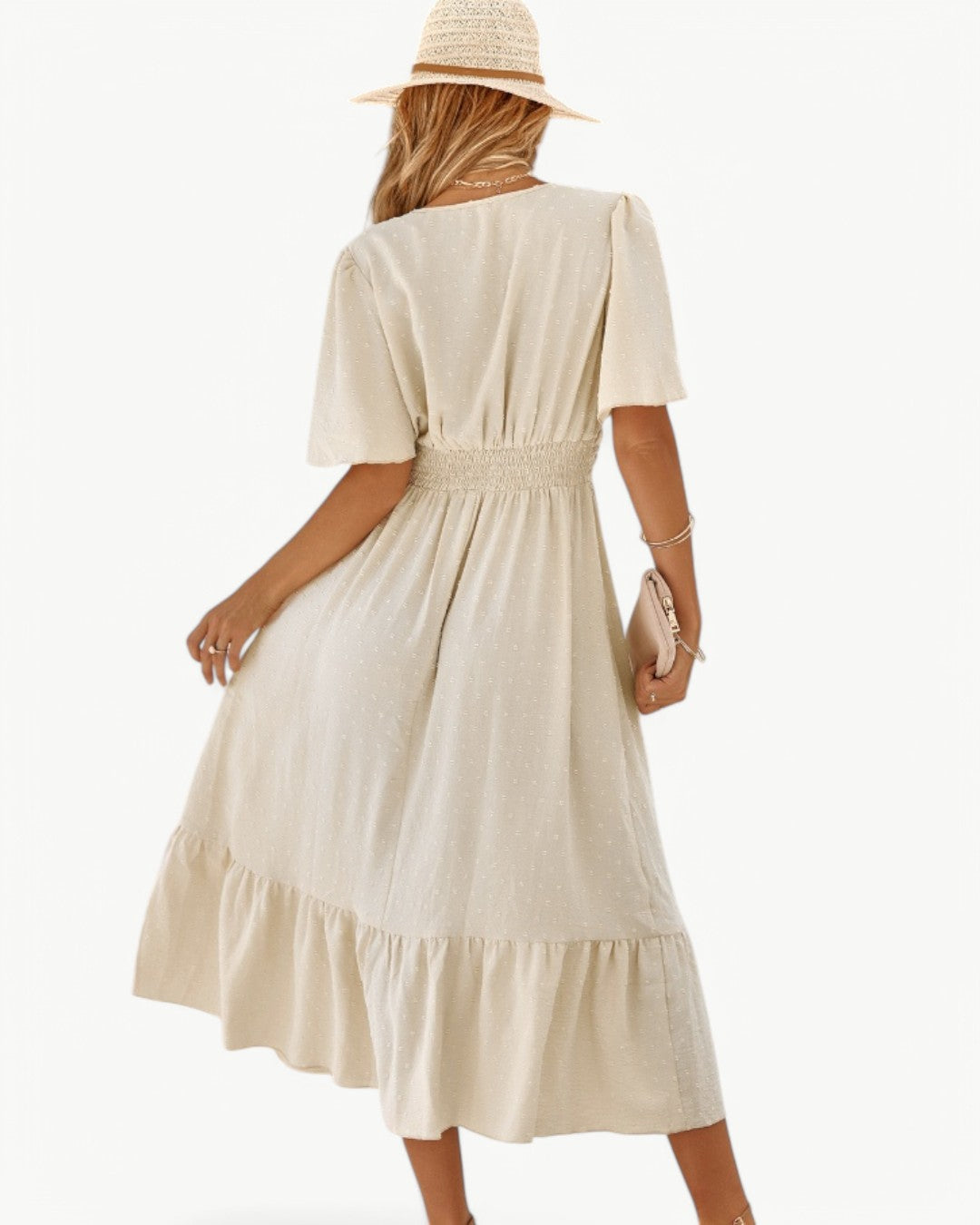 Renée – Robe mi-longue à col en V et manches courtes – Légère et élégante