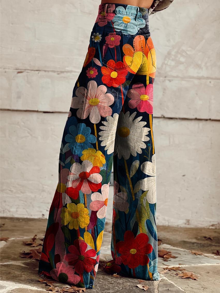 Elena – Pantalon Large à Fleurs, Élégant et Moderne