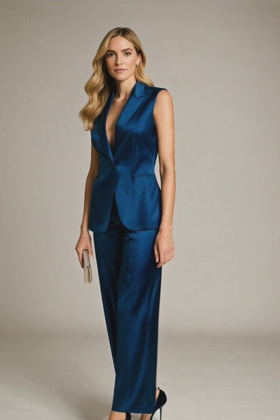 Céleste - Ensemble en satin blazer sans manches et pantalon droit